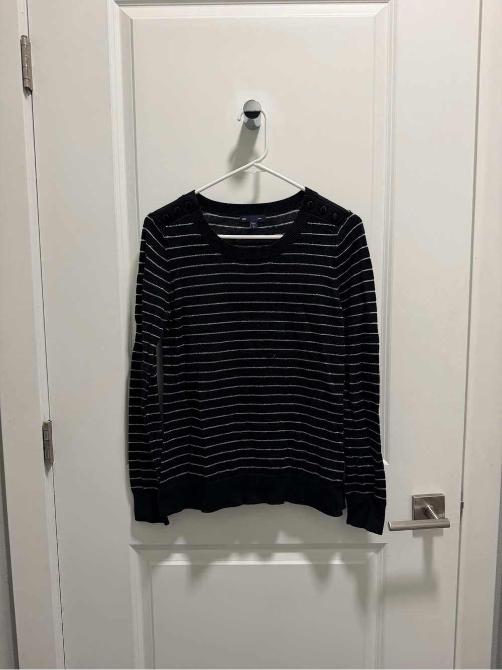 GAP Black and White Striped Crewneck Sweater with Shoulder Buttons